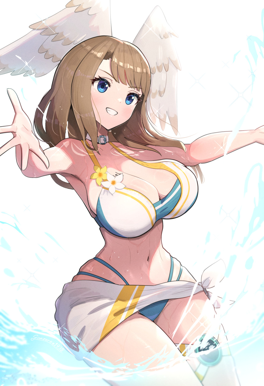 1girls absurd_res alternate_costume beach bikini blue_bikini blue_swimsuit breast_tattoo breasts brown_hair busty curvy eunie_(xenoblade) female female_only gonzarez head_wings highres large_breasts long_hair midriff monolith_soft navel nintendo official_alternate_costume slim_waist swimsuit tattoo thick_thighs thighs voluptuous water wet white_bikini white_swimsuit wide_hips wings xenoblade_(series) xenoblade_chronicles_3