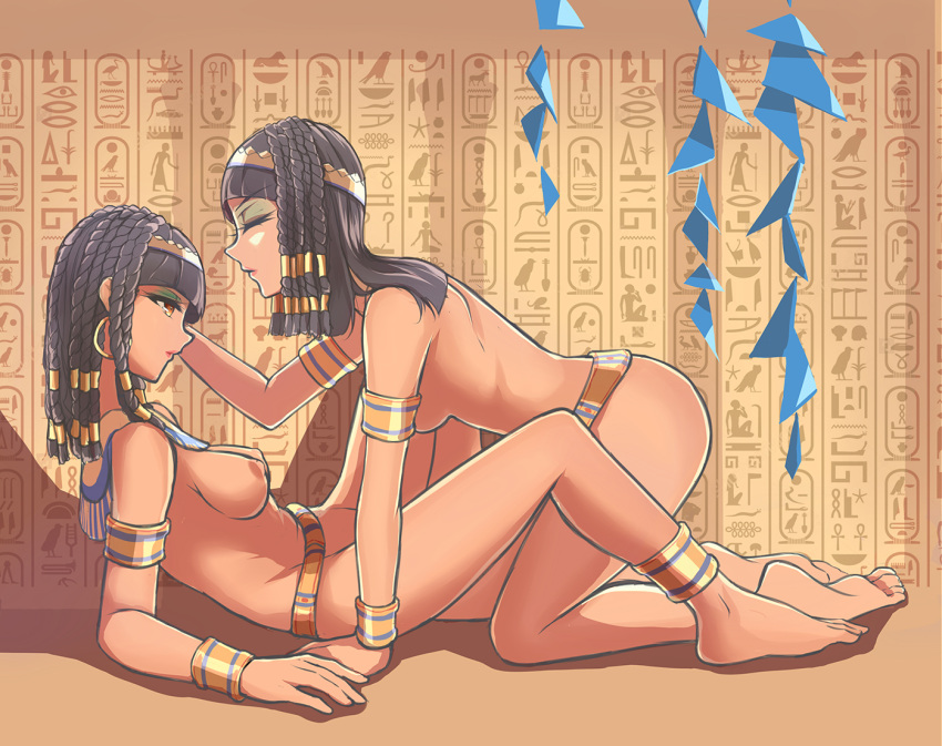 2girls belt black_hair braided_hair den_(artist) egyptian heiroglyphs large_breasts medium_hair naked nude nude_female side_view yuri yuri