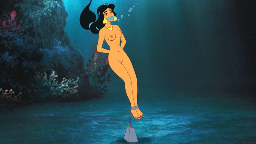 1girls aladdin asphyxiation barefoot bondage breasts disney drowning feet female navel nipples nude ocean princess_jasmine pussy sea small_breasts solo tagme underwater underwater_peril underwater_peril_aladdin victorzulu water