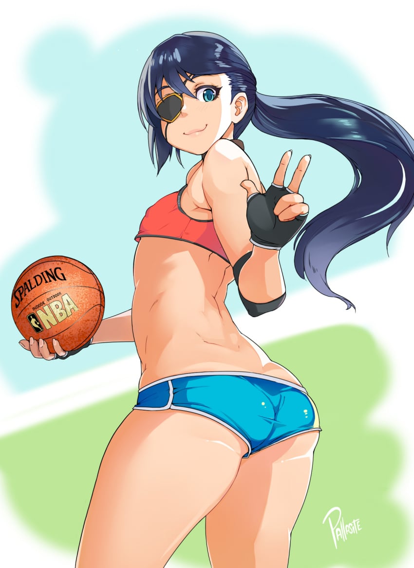 1boy androgynous ass basketball black_hair blue_eyes buruma crossdressing dat_ass eye_patch femboy girly long_hair male male_only nba pallasite ponytail short_shorts shorts solo sports_bra trap v