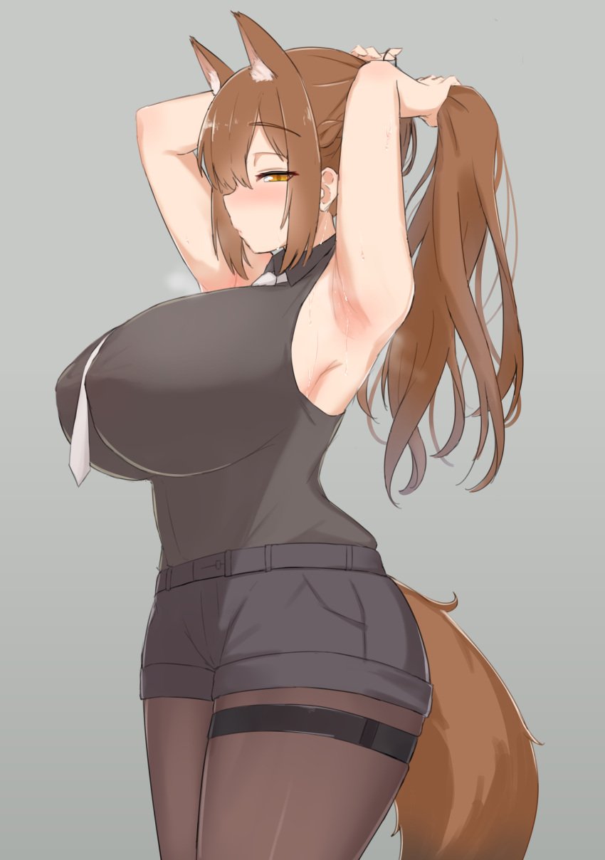 animal_ears arknights extra_ears female female_only fox_ears fox_girl franka_(arknights) huge_breasts noe_(ppppriver) pantyhose solo solo_female tail