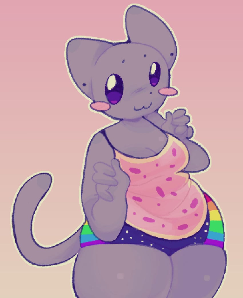 1female 1girl :3 anthro belly bigpepsi blush blushing boobs booty_shorts breasts cat cat_ears cat_tail chubby chubby_anthro chubby_belly chubby_female domestic_cat feline female_only gray_fur grey_cat grey_fur minimalist_background nyan_cat only_female shorts simple_background tagme thick_thighs thighs thighs_together