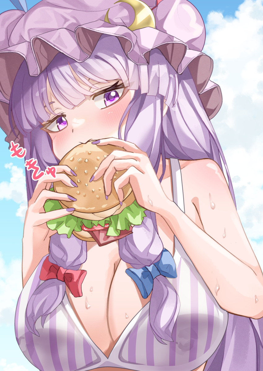 absurdres bare_arms bikini blue_bow blunt_bangs blush bow braid breasts burger cleavage cloud cloudy_sky commentary commission day eating eyelashes female food hairbow hands_up hat highres large_breasts long_hair looking_at_viewer mahoro_(minase_mahoro) mature_female mob_cap nail_polish outdoors patchouli_knowledge purple_bikini purple_eyes purple_hair purple_hat purple_nails red_bow sidelocks skeb_commission sky solo striped_bikini striped_clothes sweat swimsuit touhou tsurime twin_braids upper_body vertical-striped_bikini vertical-striped_clothes