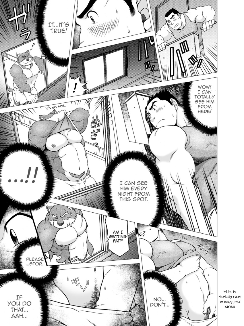 2boys anthro balls bara blush comic dialogue english_text erection fur furry gay hiding human humanoid interspecies looking_at_another male male/male male_only muscular muscular_male neighbor nervous neyukidou pecs penis smiling stalker surprised sweat text translated