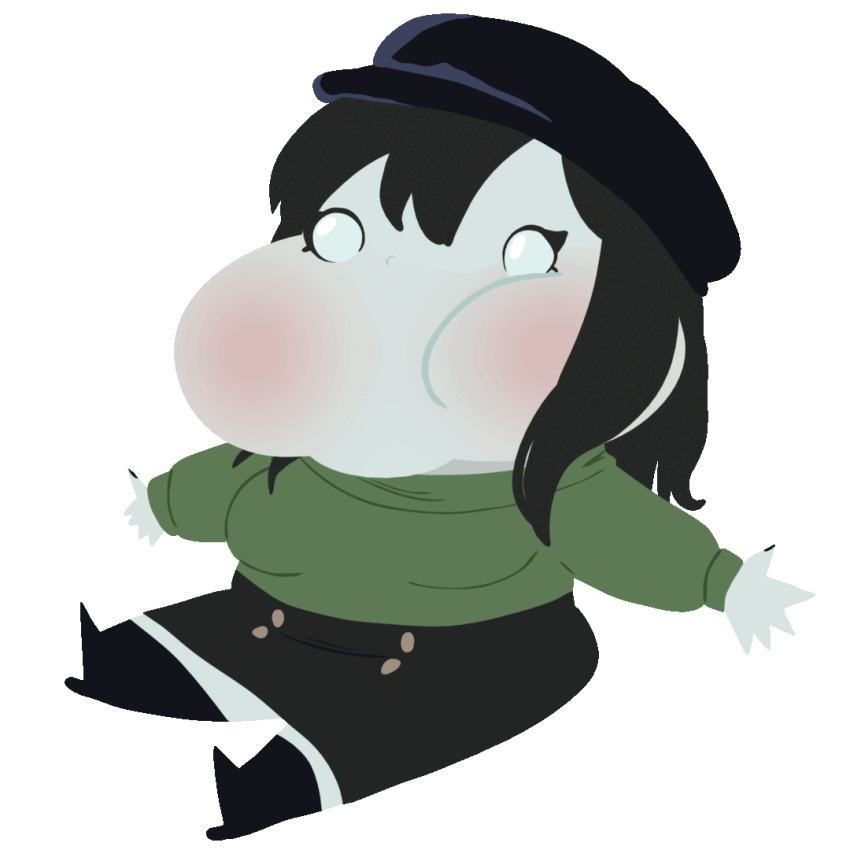 animated_gif arms_out black_hair boots chewing chibi creepette_holloway eating hat pandikko_art puffy_cheeks skirt sweater white_eyes