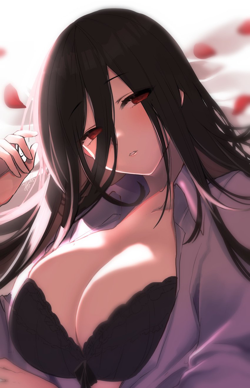 bangs black_bra black_hair blue_archive blush bra breasts cleavage dress_shirt emirio_(emirio110) eyebrows_visible_through_hair female hair_between_eyes hasumi_(blue_archive) highres huge_breasts justice_task_force_(blue_archive) long_hair open_clothes open_shirt parted_lips petals red_eyes shirt signature solo trinity_general_school_student underwear upper_body white_shirt