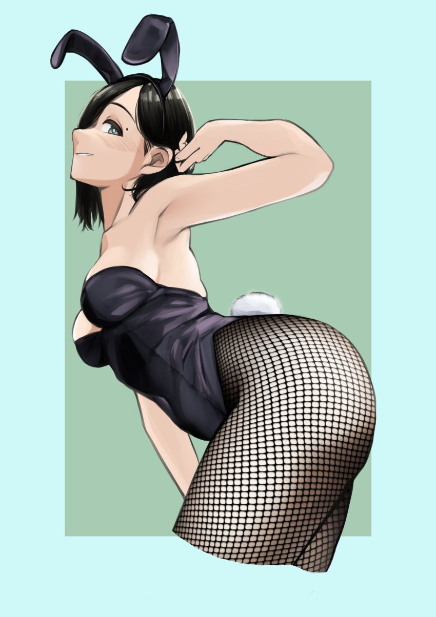 1girls absurd_res black_hair blush bunny_ears bunny_tail bunnysuit disembodied female female_only fishnet_pantyhose fishnets kamura_(rain_prophet) looking_at_viewer medium_hair pupi rain_prophet side_view smiling smiling_at_viewer solo solo_female thick_thighs