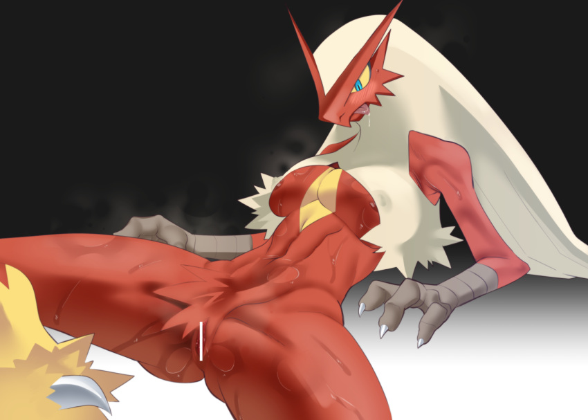 anthro avian bird blaziken blue_eyes bodily_fluids breasts censored female fur genitals hair mao_uyasunari nintendo nipples nude pokemon pokemon_(species) pussy solo tongue video_games