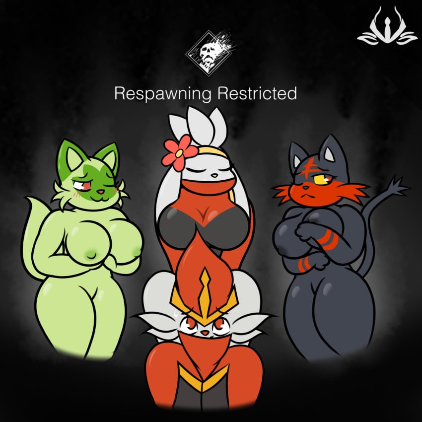 1boy 3girls :3 animal_ears anthro anthrofied areola areolae black_areola black_body black_fur breasts bungie cartoony cat cat_ears cinderace destiny_(game) female flower fluffy_tail furry furry_only green_areola green_areolae green_body green_fur green_nipples humanoid litten male nipples nude nude_female pokemon pokemon_sv pre_sex raboot scorbooty_(artist) sprigatito tail text thighs threesome