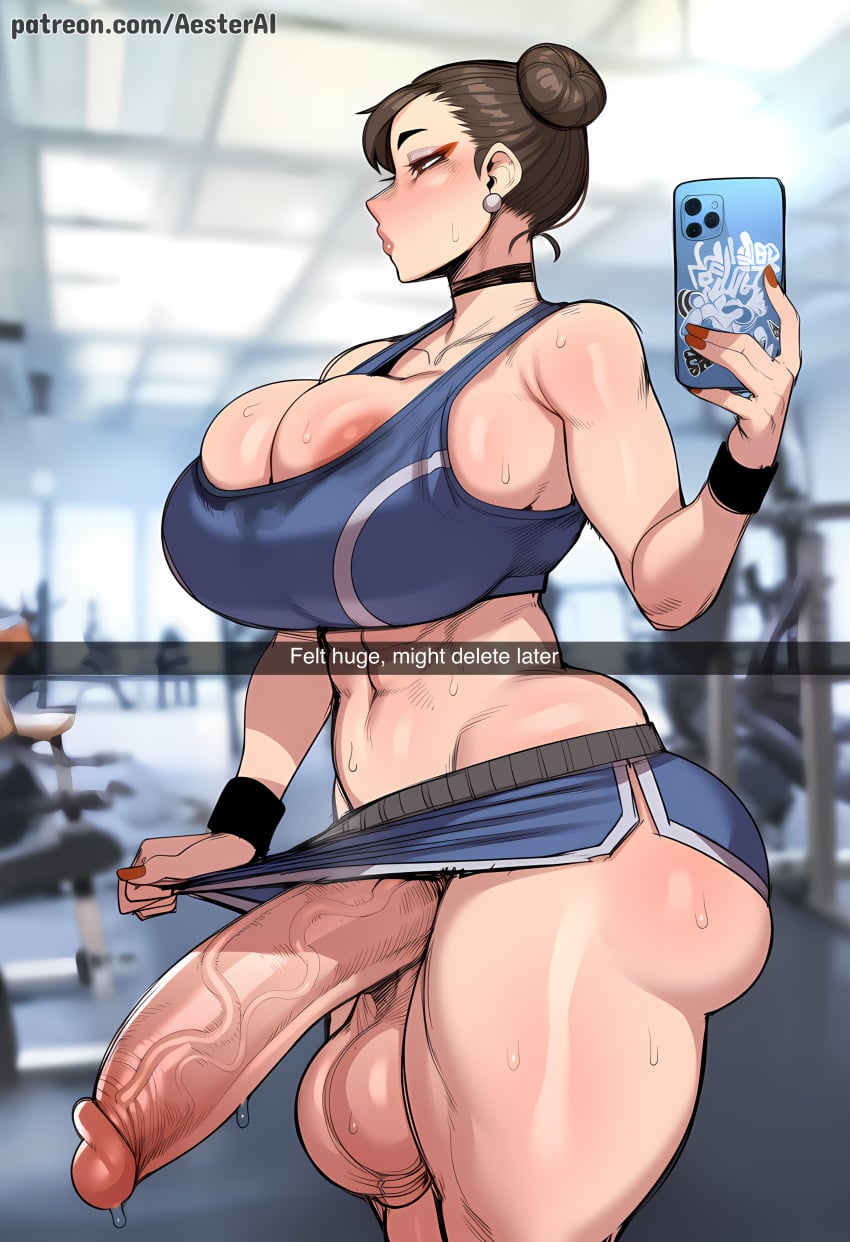 1futa abs aesterai ai_generated areola_slip big_breasts big_penis black_choker blue_skirt blurry blurry_background blush breasts brown_hair cellphone choker chun-li cleavage clothes_pull double_bun earrings erection eyeshadow futanari gym hair_bun holding holding_phone huge_breasts huge_cock huge_penis huge_testicles indoors jewelry large_breasts large_penis large_testicles makeup mature_female mature_futa midriff muscular nail_polish navel nipples penis phone precum puckered_lips selfie shorts skirt smartphone snapchat solo sports_bra standing street_fighter street_fighter_6 sweat testicles thick_thighs thighs uncensored undersized_clothes veins veiny_penis