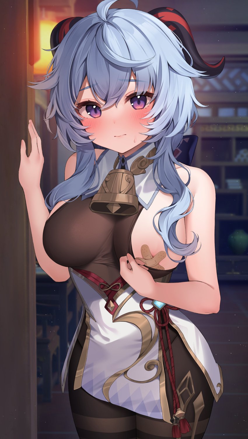 absurdres ahoge bandaid bandaids_on_nipples bangs bare_arms bell blue_hair blush breasts brown_bodysuit closed_mouth commentary_request cowboy_shot crossed_bandaids eyebrows_visible_through_hair female female ganyu_(genshin_impact) genshin_impact goat_horns highres horns large_breasts light_particles long_hair looking_at_viewer neck_bell pasties pov_doorway purple_eyes reel_(riru) solo standing vision_(genshin_impact)