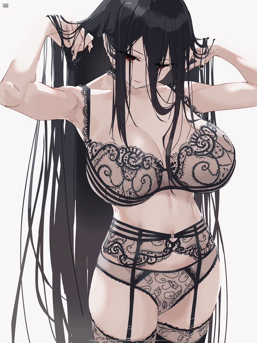 arms_behind_head arms_up black_choker black_gloves black_hair black_legwear black_serafuku black_shirt black_skirt blue_archive breasts choker cleavage cowboy_shot crop_top crop_top_overhang feathered_wings female garter_belt gloves hair_between_eyes halo hasumi_(blue_archive) highres justice_task_force_(blue_archive) large_breasts lingerie long_hair long_skirt long_sleeves looking_at_viewer ltotyht luna_nyann midriff mole mole_under_eye mouth_hold navel neckerchief no_bra panties panty_straps pleated_skirt red_eyes revealing_clothes school_uniform serafuku shirt side_slit skirt solo standing stomach string_panties thighhighs trinity_general_school_student underwear very_long_hair