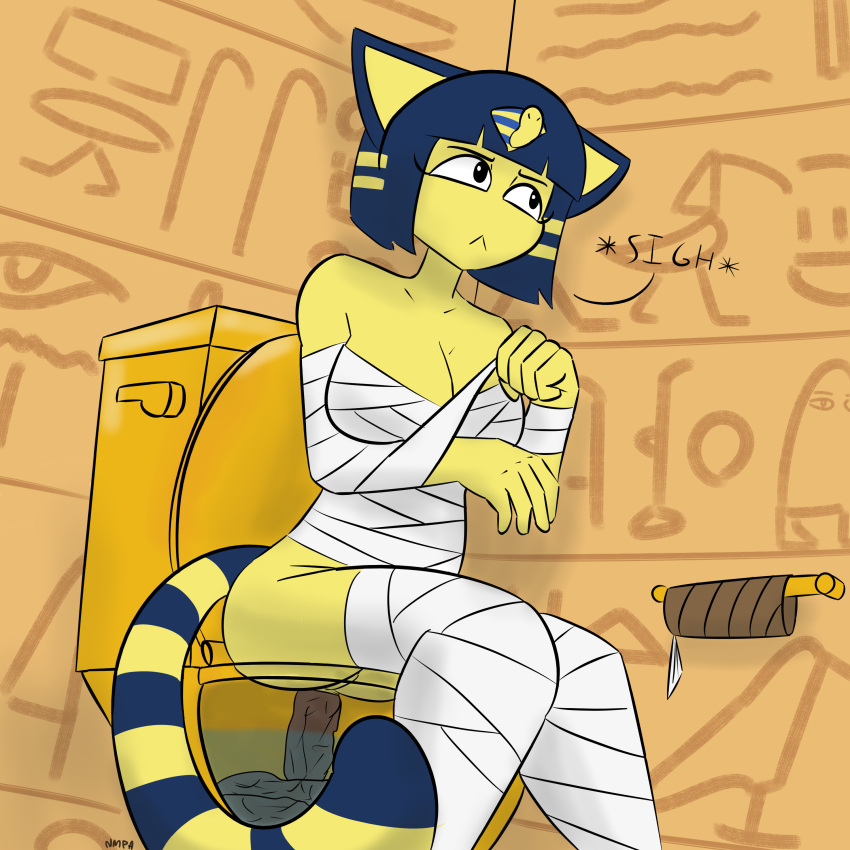 absurd_res animal_crossing ankha annoyed_expression anthro anus ass bathroom blue_hair breasts clothed clothing digital_media_(artwork) domestic_cat egyptian english_text feces felid feline felis female fur gold_(metal) hair hi_res hieroglyphics mammal mummy_costume mummy_wrappings nintendo notmypornaccount scat sigh sitting solo text toilet toilet_paper toilet_use video_games wrappings yellow_body yellow_fur