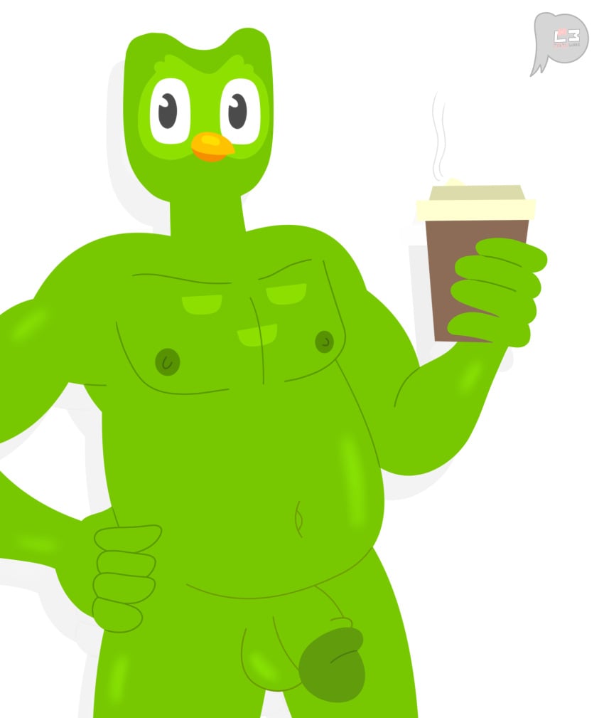 2022 anthro balls bird bird_humanoid coffee coffee_cup digital_drawing_(artwork) digital_media_(artwork) duo_(duolingo) duolingo fur genitals holding_object hybrid lewdware lineless looking_at_viewer male male_only mature_male nipples nude overweight overweight_male penis signature solo