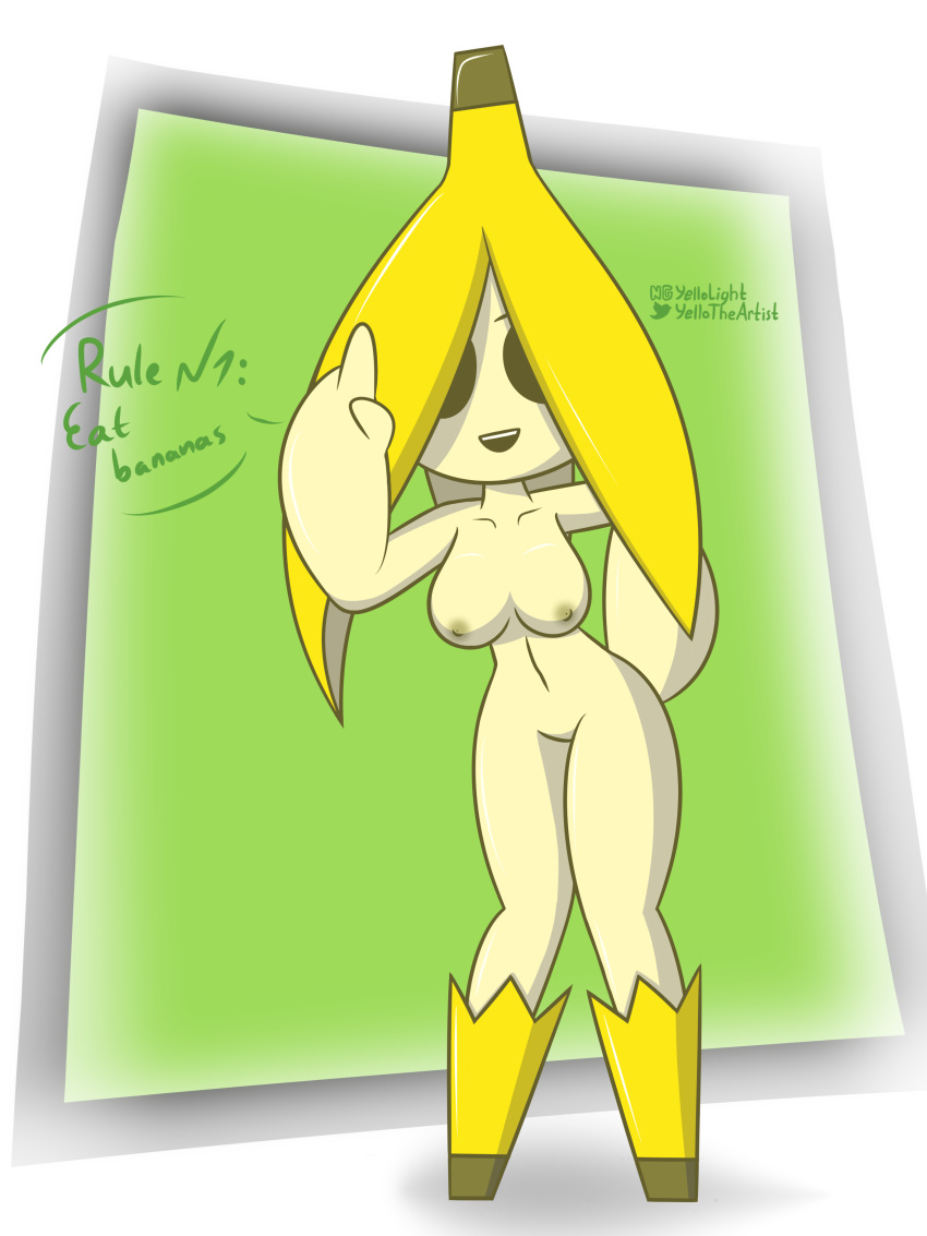 1girls banana banana_girl bay_(screwroot) fanart female remastered text yellolight yellow_hair yellow_skin