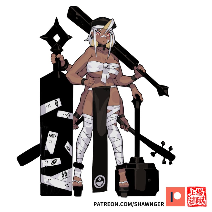 6_arms ahoge bandage bandages bandaid_on_nose bandeau baseball_bat beret black_choker black_headwear chest_wraps choker club dark-skinned_female dark_skin dice_clan ear_piercings female front_view full_body geta hammer hat high_heels holding_weapon huge_breasts leg_wraps long_loincloth mallet multi_arm multi_limb oc olive_skin patreon_logo pelvic_curtain platform_footwear red_eyes sandals sarashi shawnger solo spiked_club sword underboob unusual_pupils watermark weapon weapon_on_shoulder white_hair wraps yellow_eyes