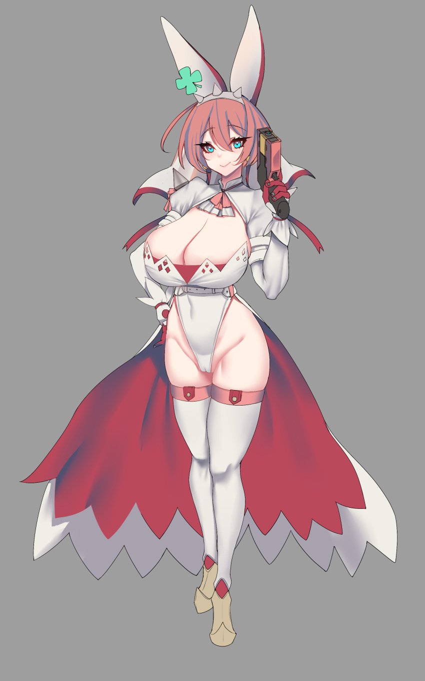 absurdres animal_ears belt blue_eyes breasts bridal_veil choker cleavage closed_mouth covered_navel dress elphelt_valentine fake_animal_ears female funaya_(a2brasd) gloves grey_background groin guilty_gear guilty_gear_xrd gun hand_on_hip highres holding holding_gun holding_weapon huge_breasts pink_hair pointy_footwear short_hair simple_background skindentation smile solo spikes teeth veil weapon white_dress white_legwear