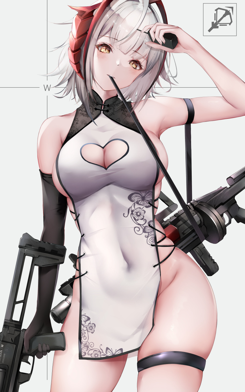 antenna_hair arknights assault_rifle bangs black_glove blush breasts character_name chinese_clothes cleavage demon_horns detonator elbow_glove eyebrows_visible_through_hair female female_only grenade_launcher grey_hair gun hair_between_eyes heart_cutout holding_weapon looking_at_viewer mouth_hold no_bra no_panties pelvic_curtain rifle short_hair single_elbow_glove thighstrap trigger_discipline w_(arknights) weapons yellow_eyes