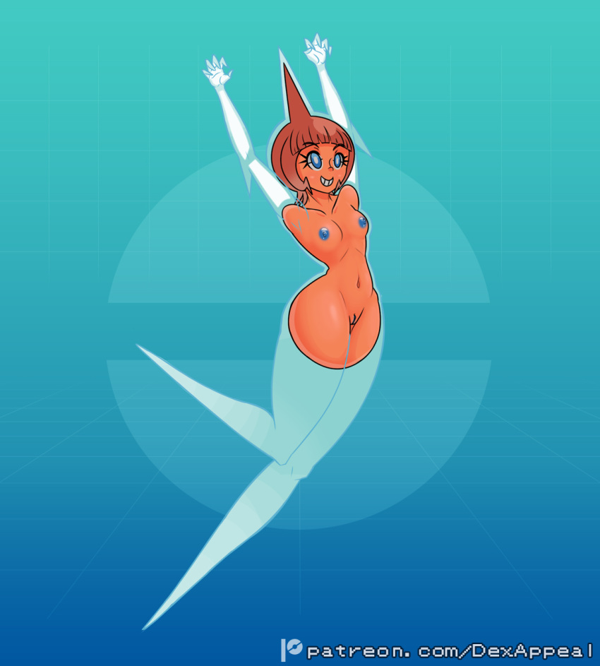 arched_back blue_eyes blue_nipples dex_appeal female_rotom floating full_body ghost_girl nintendo nipples nude nude_female orange_hair orange_skin pokemon pokemon_(species) pokemorph pussy rotom shaved_pussy short_hair transparent_body