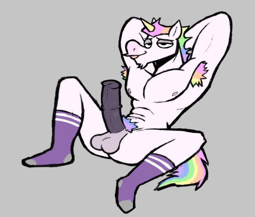 1boy armpit_hair body_hair clothing equid equine footwear genitals happyroadkill hi_res horn male male_only mammal penis pubes socks solo unicorn