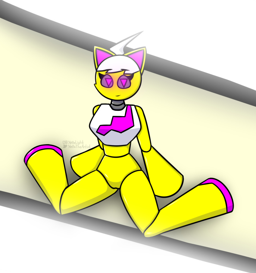 1girls bottomless female female_only geometry_dash glowing_eyes pink_eyes robot robot_girl triangle_eyes trianna_(yellolight) white_hair yellolight yellow_body