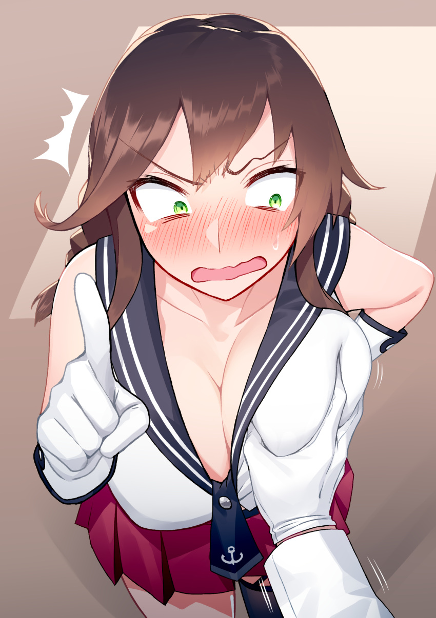 1boy 1girls big_breasts blew_andwhite blush breast_grab breast_squeeze brown_hair comedy embarrassed gloves green_eyes impact_(font) kantai_collection light-skinned_female light-skinned_male light_skin noshiro_(kantai_collection) red_skirt sailor_collar sailor_uniform skirt sleeveless straight suprised white_gloves