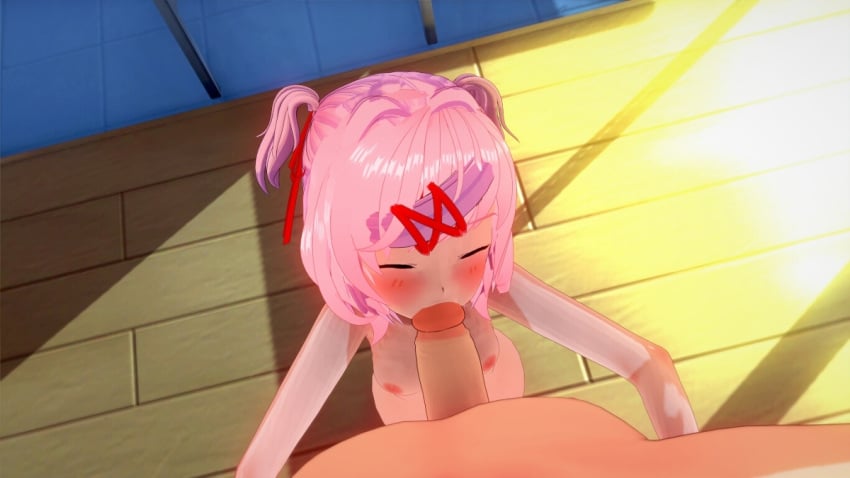 1boy 1girls 3d blowjob blush breasts closed_eyes cometz doki_doki_literature_club erection fellatio koikatsu natsuki_(doki_doki_literature_club) penis