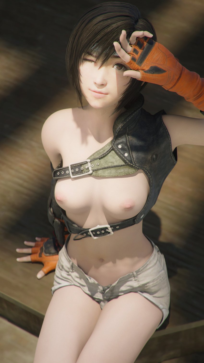 3d 3d_(artwork) alternate_version_available breasts final_fantasy final_fantasy_vii gloves kallenz looking_at_viewer nude one_eye_closed shorts smile yuffie_kisaragi