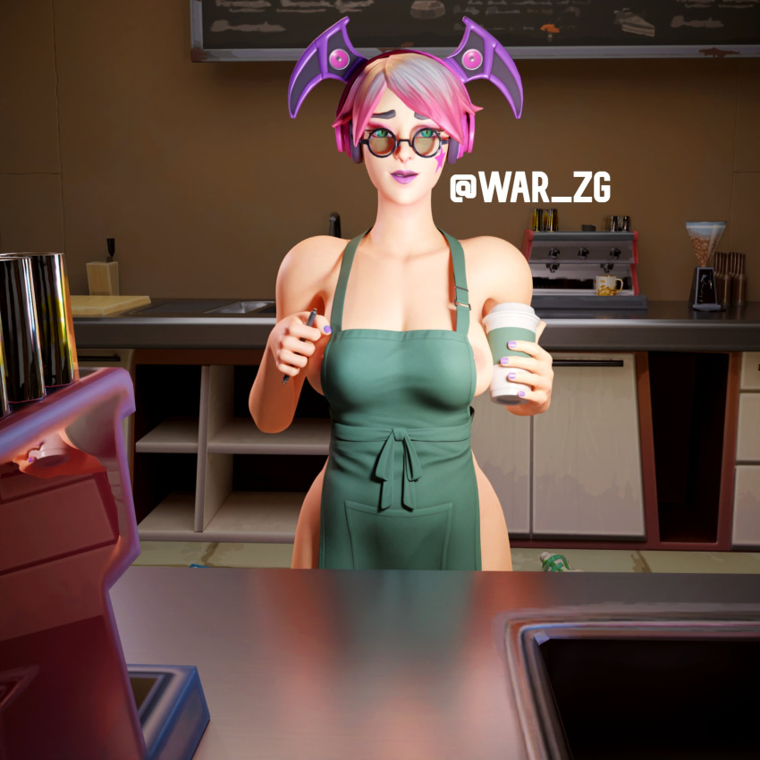 1girls 3d apron_only big_ass big_breasts blender callisto_(fortnite) cat_eyes coffee curvy_female female_only fortnite glasses headphones iced_latte_with_breast_milk looking_at_viewer makeup nipples smirk starbucks thick_thighs war_zg working