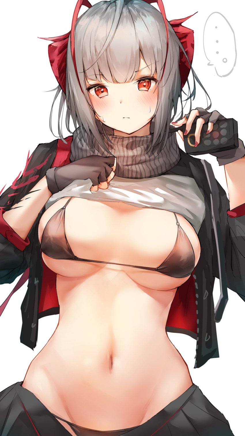 ... antenna_hair arknights bangs black_gloves black_panties blush breasts cleavage detonator eyebrows_visible_through_hair eyelashes_visible_through_hair female female_only fingerless_gloves gloves grey_hair grey_shirt hair_between_eyes horns jacket looking_at_viewer nail_polish open_jacket panties red_eyes red_fingernails ruwoka scarf shirt_lift short_hair simple_background skirt sweat two-sided_jacket w_(arknights) white_background