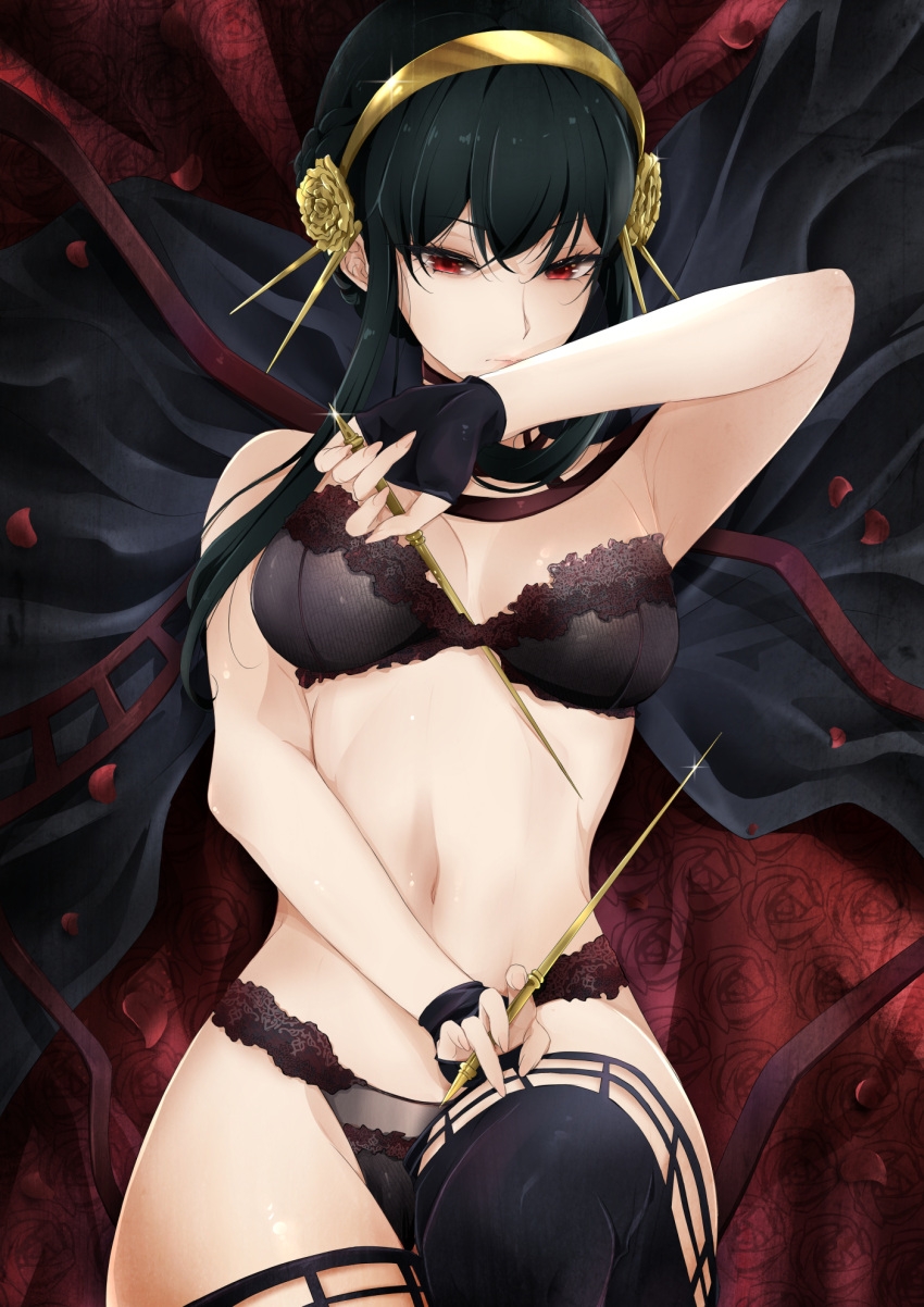 1girls assassin big_breasts black_hair bra breasts chark14 eye_contact female female_focus female_human human light-skinned_female lingerie long_hair looking_at_viewer mature_female navel pale-skinned_female panties red_eyes slim_waist solo spy_x_family stiletto_(weapon) thick_thighs thighhighs thorn_princess yor_briar yor_forger