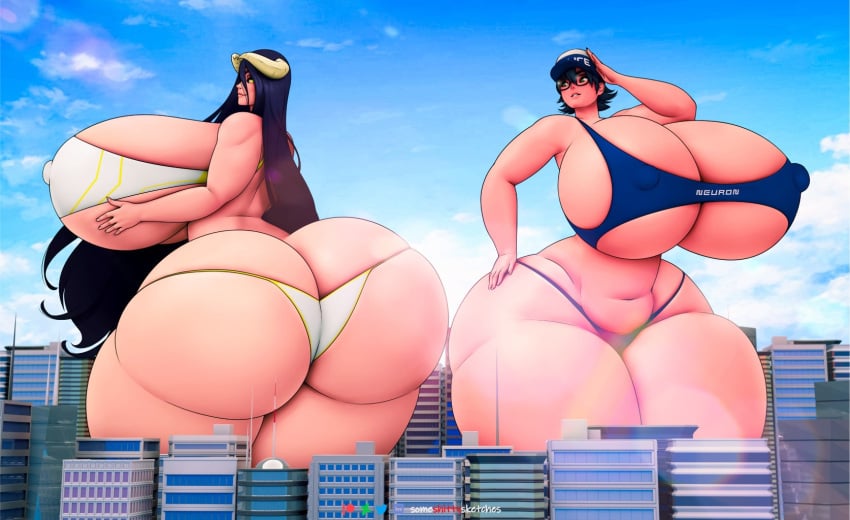 2girls albedo_(overlord) ass ass_cleavage astral_chain bbw big_ass big_belly big_breasts big_nipples big_thighs bikini blue_bikini blue_hair breasts butt_crack city cityscape digital_media_(artwork) female female_only giantess gigantic_ass gigantic_breasts gigantic_thighs glasses green_eyes hi_res holding_breasts holding_hips horns huge_ass huge_breasts huge_thighs lens_flare long_hair marie_wentz overlord_(maruyama) pale_skin police police_hat policewoman purple_hair short_hair someshittysketches succubus succubus_horns thick_eyebrows watermark white_bikini yellow_eyes