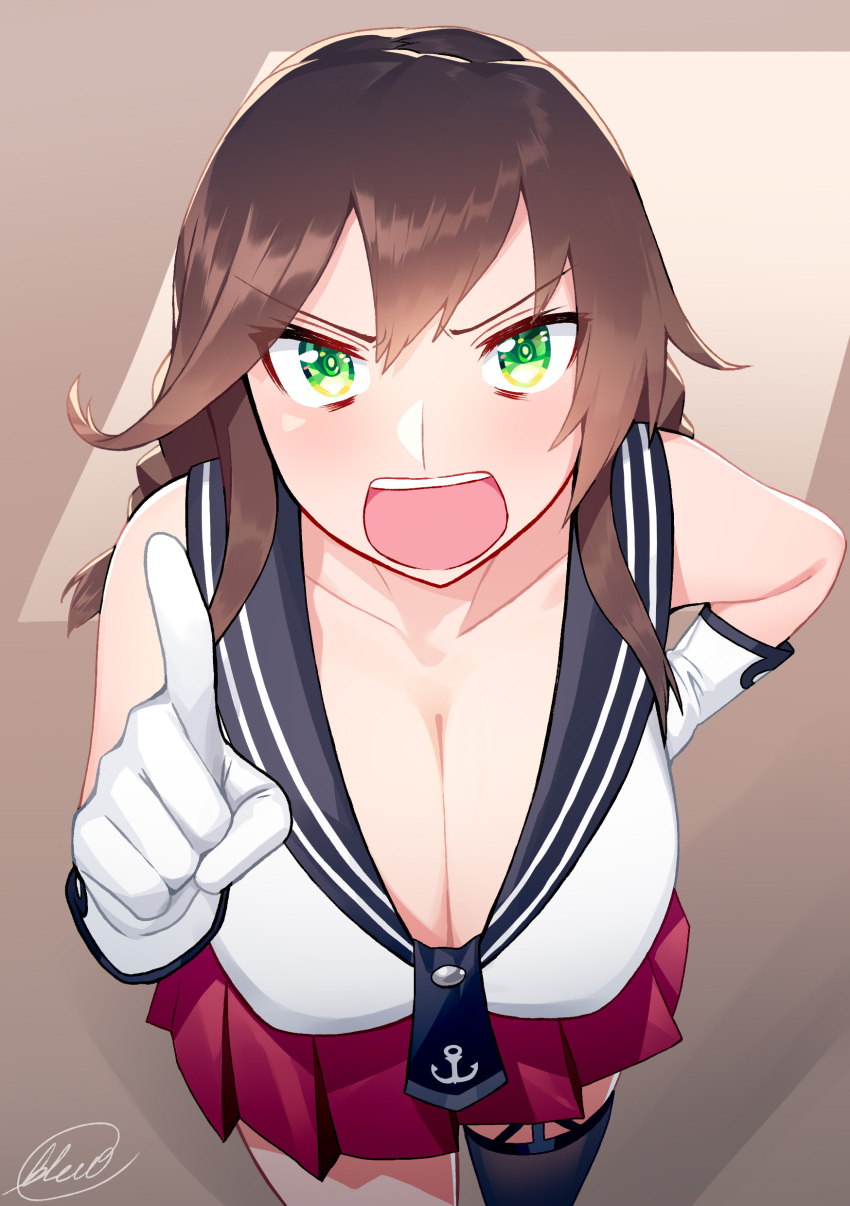 1girls angry big_breasts blew_andwhite blush breasts brown_hair cleavage clothed clothing female female_only gloves green_eyes hi_res kantai_collection light-skinned_female light_skin long_hair looking_at_viewer noshiro_(kantai_collection) open_mouth revealing_clothes simple_background skirt solo watermark white_gloves