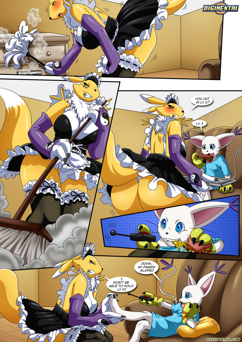 ass barefoot big_ass comic dat_ass dialogue digihentai digimon digimon_adventure digimon_tamers dildo dirty_gamers foot_massage gatomon maid maid_uniform palcomix renamon soles toes vibrator