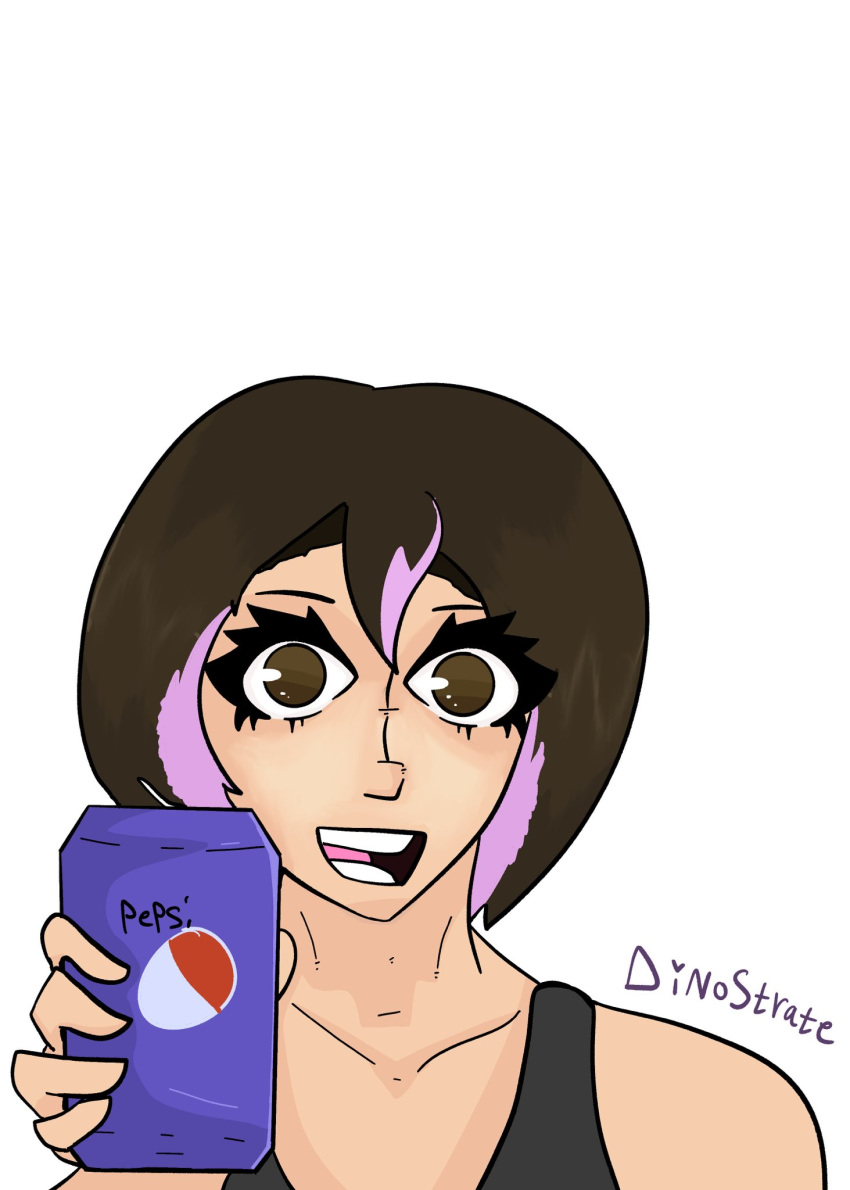 brown_eyes brown_hair dinostrate oc pepsi pink_highlights smile soda_can