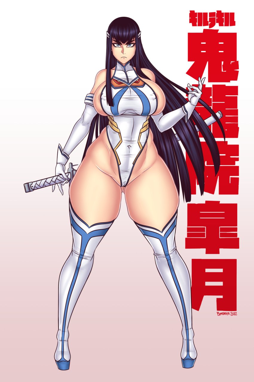 angry_face areola_slip areolae bemannen black_hair blue_eyes bodysuit eyebrows full_body kanji katana kill_la_kill kiryuuin_satsuki leotard long_hair sword thick_eyebrows thick_thighs thunder_thighs visible_areolae