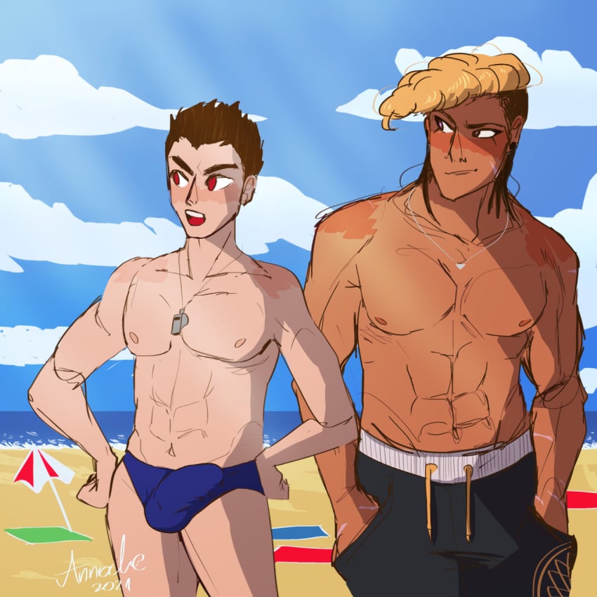 abs artist_signature balls balls_outline beach blue_speedo blue_underwear bottomwear bulge danganronpa danganronpa:_trigger_happy_havoc danganronpa_s:_ultimate_summer_camp detailed_background edit hand_on_hip human kiyotaka_ishimaru light_skin male male_only mondo_oowada muscular_male nipples partially_nude pecs penis_bulge penis_outline shorts smooth_skin speedo swimwear tan tan_body tan_skin topless umbrella video_games