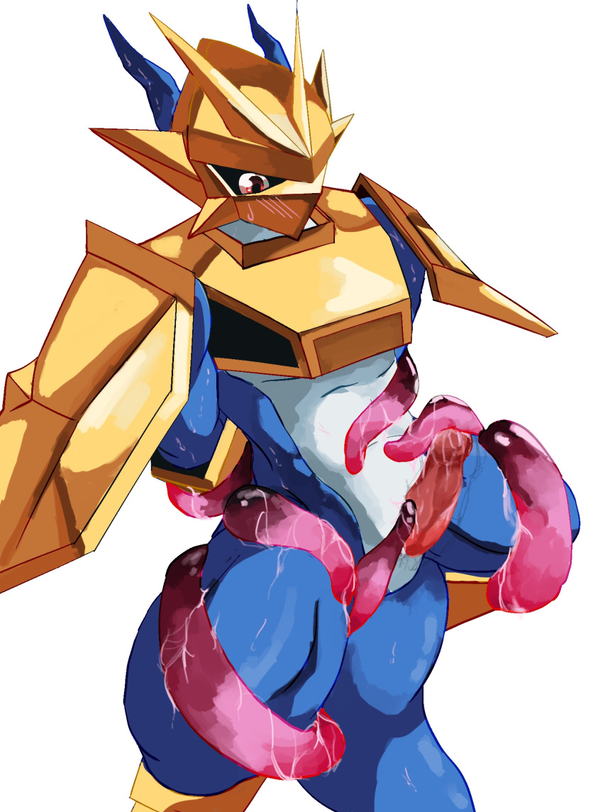 anthro armor bandai_namco blue_body blush bottomless byshz2000 cloacal_penis clothed clothing digimon digimon_(species) digimon_adventure_02 erection genitals gold_(metal) gold_armor hi_res magnamon male male_only muscular penis red_eyes royal_knights tentacle