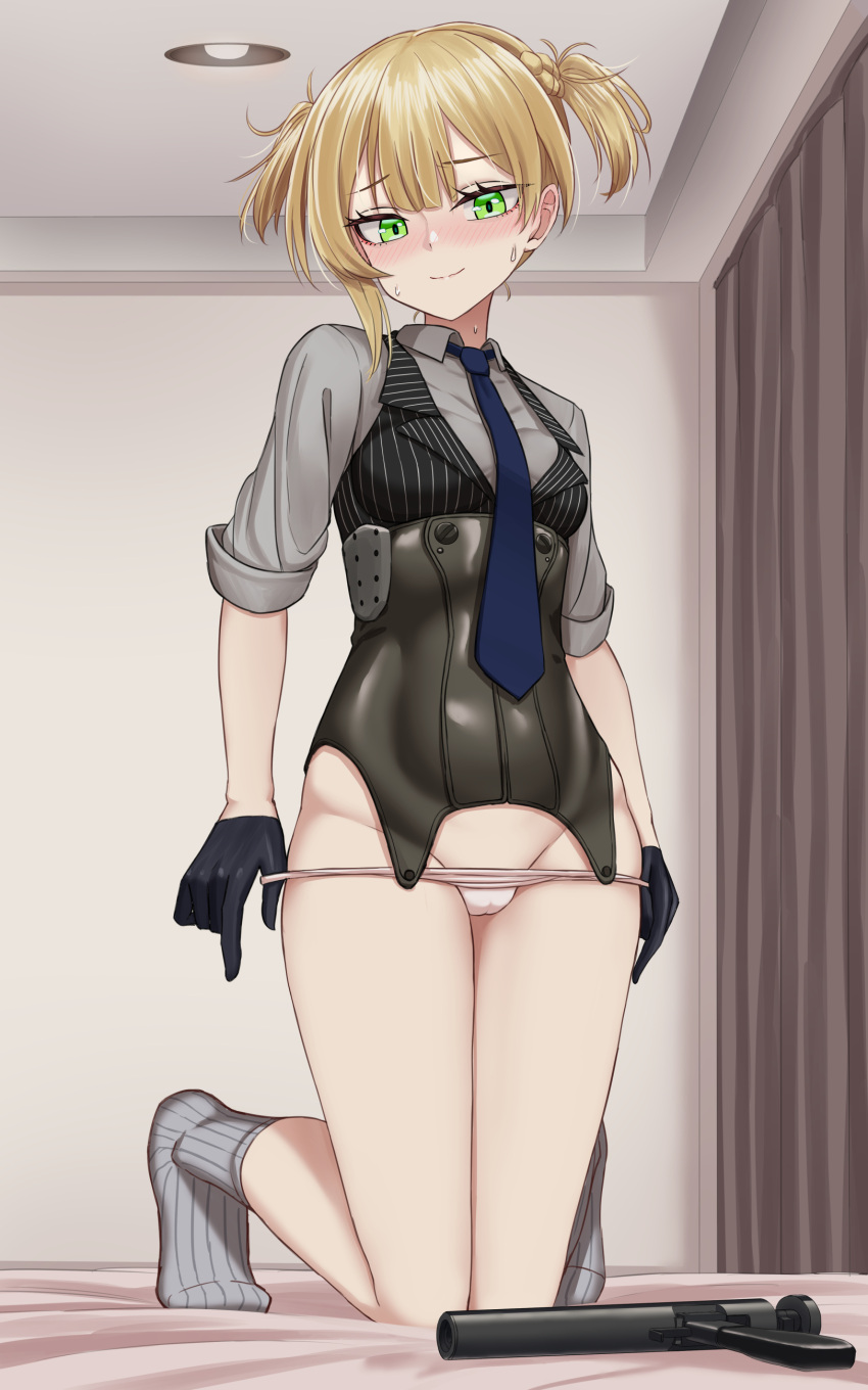 absurdres asymmetrical_hair bangs black_gloves black_vest blonde_hair blue_necktie blush breasts cameltoe closed_mouth collared_shirt corset ear_blush female full_body girls'_frontline gloves green_eyes grey_legwear grey_shirt gun handgun highres indoors looking_at_viewer necktie nose_blush panties panty_pull pink_panties pistol shirt short_hair small_breasts smile socks solo sweat two_side_up underwear vest weapon welrod_mk2 welrod_mkii_(girls'_frontline) yakob_labo