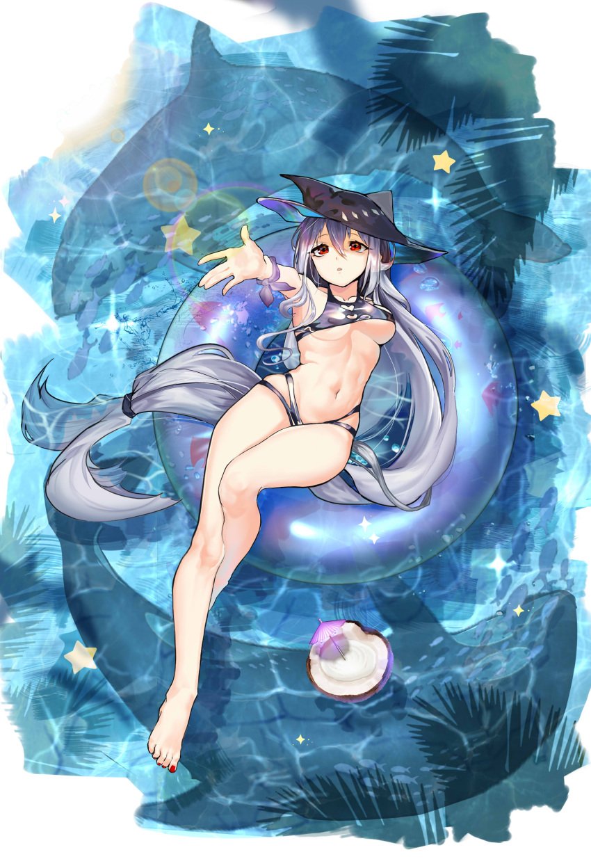 arknights bikini breasts cleavage cocktail_umbrella coconut female female_only fh_moya hair_between_eyes hat heart-shaped_cutout innertube low-tied_long_hair orca outstretched_arm parted_lips red_eyes shadow silver_hair skadi_(arknights) swimsuit toenail_polish underboob very_long_hair water