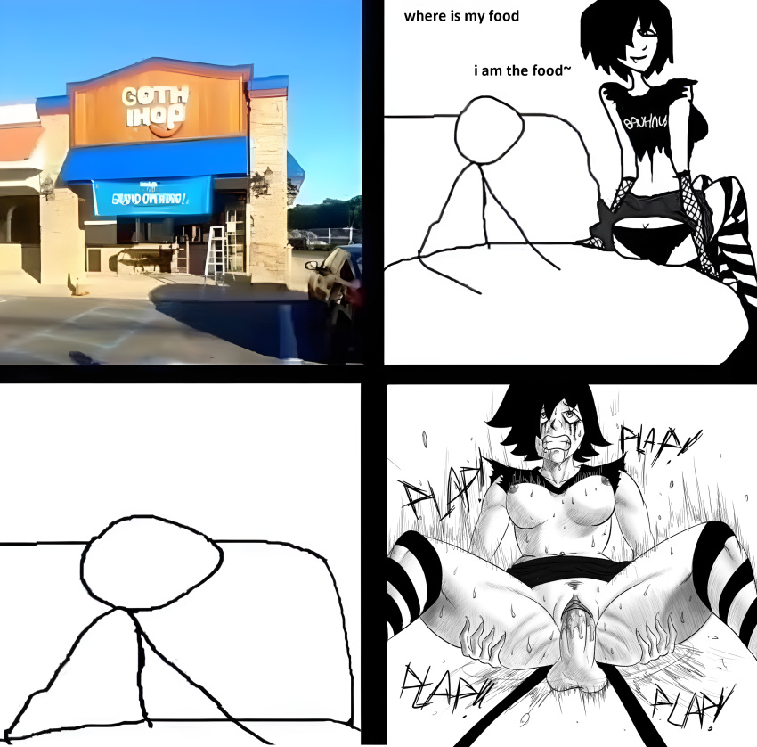 1boy 1girls absurd_res black_hair breasts goth goth_girl goth_ihop ihop male_penetrating meme running_mascara stick_figure stickman stockings striped_legwear waitress