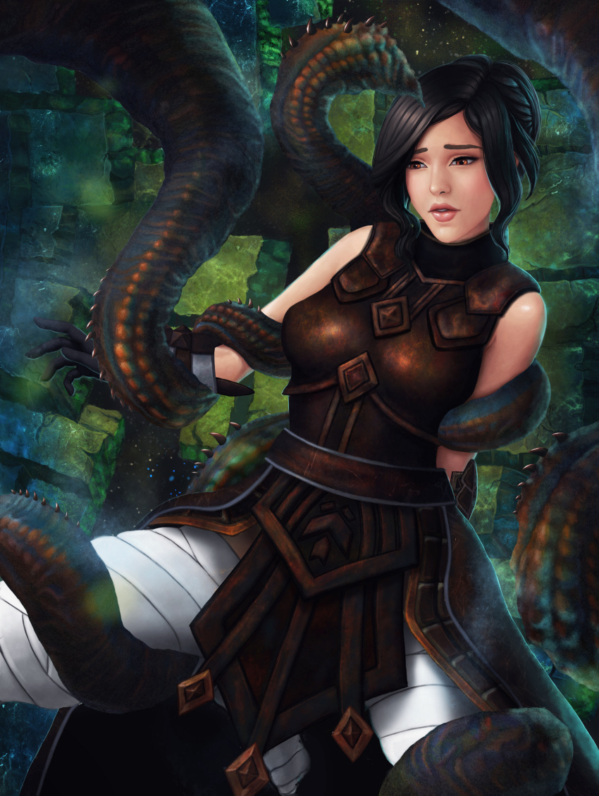 1girls armor bandage black_hair breastplate brown_eyes clothed entangled female female_focus guild_wars human jade_maw mo_zing_miko open_mouth original_character spiked_tentacles spread_legs struggling tentacle tentacle_grab tentacle_monster