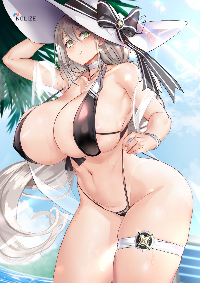 1girls 2022 alternate_version_available aquila_(azur_lane) aquila_(sardegnian_shallows_and_sunshine)_(azur_lane) artist_signature azur_lane beach bikini black_bikini blush breasts female female_only green_eyes hat highleg_bikini hips huge_breasts light-skinned_female light_skin long_hair looking_at_viewer massive_breasts outdoors sardegna_empire_(azur_lane) slim_waist smile solo solo_female sun_hat thick_thighs thighs tnolize white_hair white_hat wide_hips