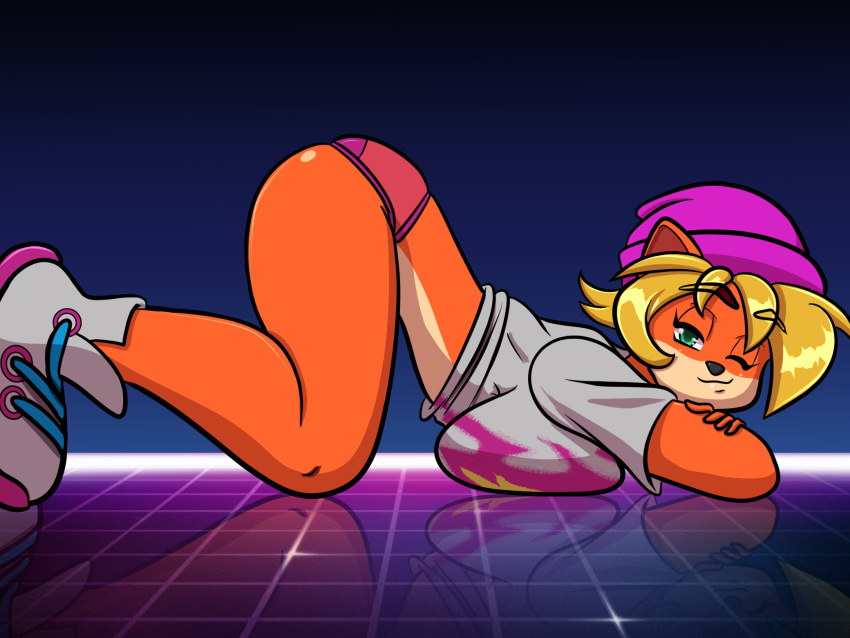 4:3 activision alternate_costume anthro ass_up bandicoot big_breasts blonde_hair bottomless breasts clothed clothing coco_bandicoot crash_(series) crossed_arms female green_eyes hair hi_res looking_at_viewer mammal marsupial neon_grid one_eye_closed panties ryujisama shirt skindentation solo synthwave t-shirt tailless topwear totally_tubular_coco underwear video_games wink