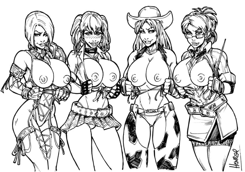 4girls candy_cane_(rumble_roses) crossover dixie_clemets drawn female female_only hsefra human isabella_valentine konami miss_spencer monochrome multiple_girls muriel_spencer nipples rebecca_welsh rumble_roses soul_calibur