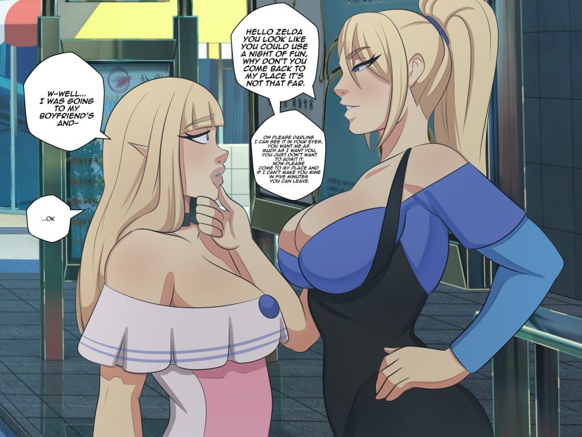 big_ass big_breasts big_butt big_hips big_thighs bimbo bisexual bisexual_(female) chin_hold comic_page deckman female female_focus female_only femdom femsub homosexual hourglass_figure huge_ass huge_breasts huge_butt huge_hips huge_thighs imminent_sex large_ass large_breasts large_butt lesbian metroid mrdeck princess_zelda reluctant samus_aran seduced seductive seductive_eyes seductive_look shy skyward_sword staring text text_bubble the_legend_of_zelda wide_hips yuri zelda_(skyward_sword)