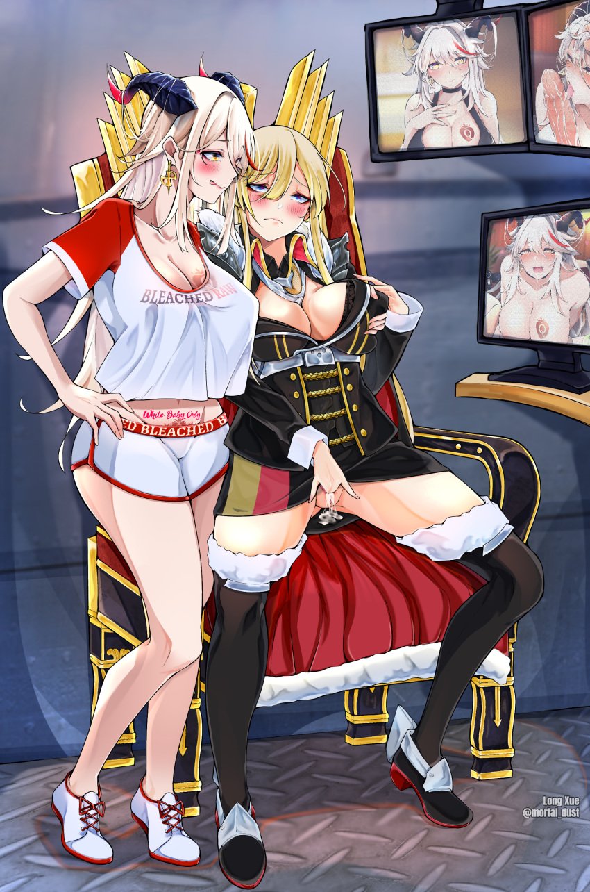 2girls aegir_(azur_lane) aroused ass azur_lane bismarck_(azur_lane) bleached bleached_clothing blonde_hair blue_eyes blush bra breast_grab breasts chair clothed coat commission crop_top desk dressed earrings embarrassed fingering grabbing grabbing_arm grabbing_breasts hand_on_hip horn horns horny licking_lips light-skinned_female long_xue masturbation monitor multiple_girls pale-skinned_female pussy pussy_juice pussy_juice_drip queen_of_hearts screen shirt shoes shorts shy sitting skirt sneakers sport_shorts standing tattoo thighs throne tight_clothing tights watching watching_porn white_female white_hair yellow_eyes yellow_hair