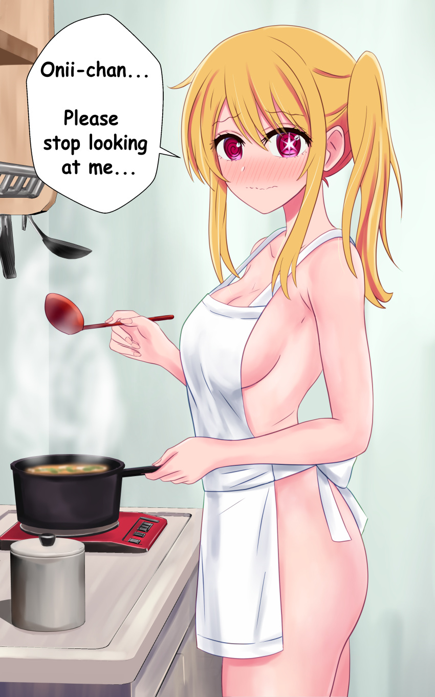 absurdres apron back_bow blonde_hair blush bow breasts closed_mouth collarbone cooking embarrassed english_commentary english_text female fingernails food from_side hair_between_eyes hair_ornament hands_up highres holding hoshino_ruby indoors izunomi kitchen long_fingernails long_hair looking_at_viewer medium_breasts naked_apron oshi_no_ko ponytail red_eyes saucepan side_ponytail sidelocks solo soup speech_bubble standing star_(symbol) star_hair_ornament steam symbol-shaped_pupils wall white_apron white_bow