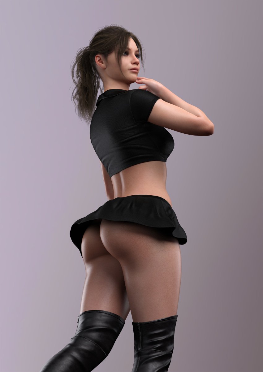 3d athletic_female boots brown_hair busty capcom claire_redfield claire_redfield_(jordan_mcewen) female female_focus female_only hourglass_figure human long_hair miniskirt pinup pinup_pose ponytail pose posing resident_evil resident_evil_2 resident_evil_2_remake skimpy skimpy_clothes skirt solo tagme viaphobia wide_hips