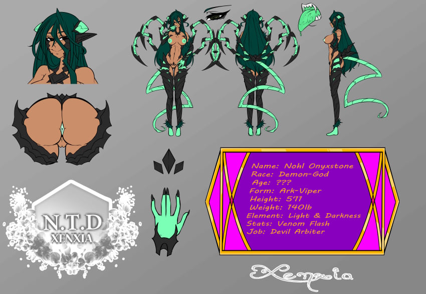 anus ass atelier_sol_aer back_view black_eyes character_sheet dark-skinned_female dark_skin demon demon_girl devil fangs green_anus green_hair green_horn green_horns green_nipples green_saliva green_skin green_tongue horns long_hair looking_at_viewer nohl_onyxstone_(xenxia) open_mouth pointy_ears saliva shark_teeth sharp_fingernails sharp_nails sharp_teeth spider_legs tail tongue xenxia